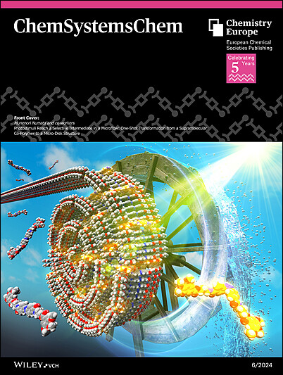 Front Cover: Photostimuli Reach a Selective Intermediate in a Microflow: One-Shot Transformation from a Supramolecular Co-Polymer to a Micro-Disk Structure (ChemSystemsChem 6/2024)